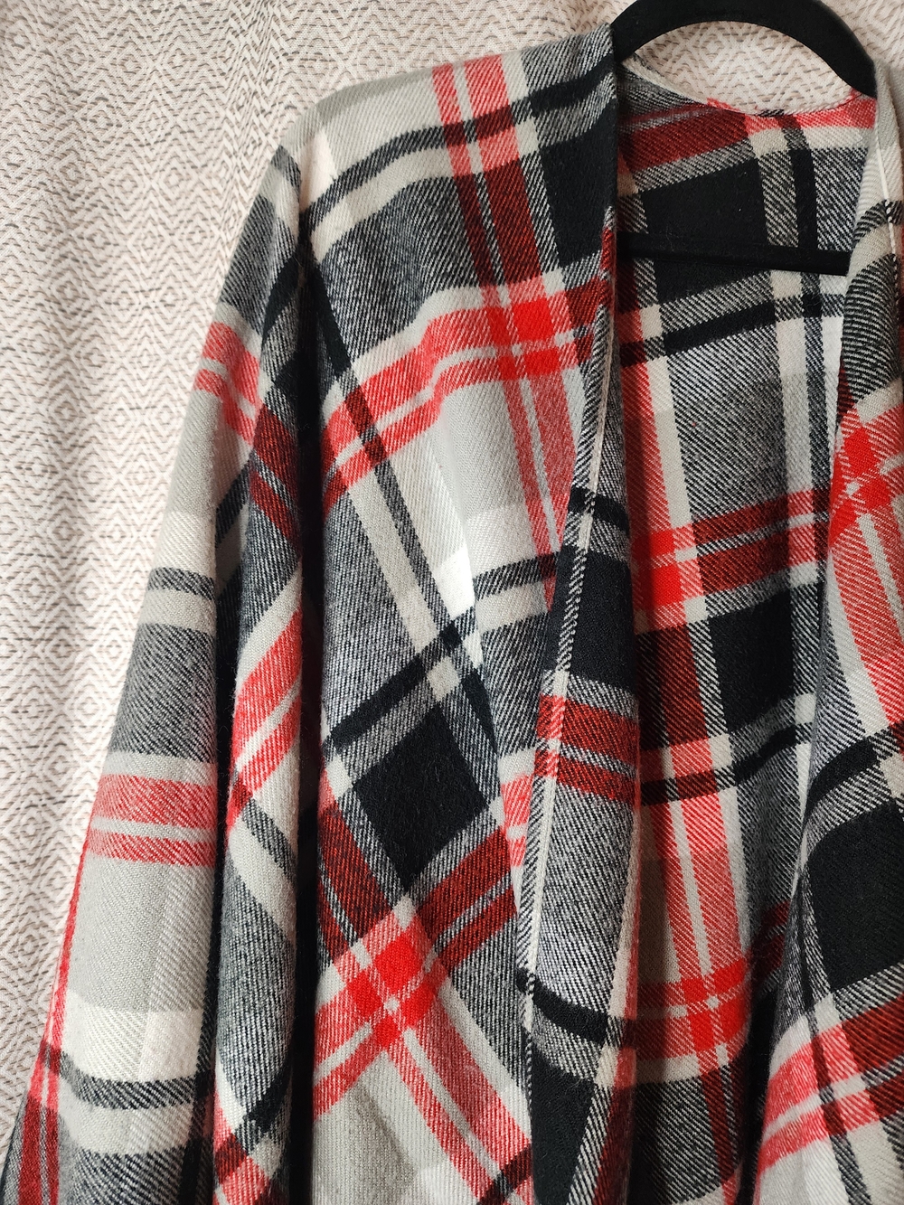Plaid Fringe Open Poncho Wrap - Red, Black & White - Picture 2 of 3